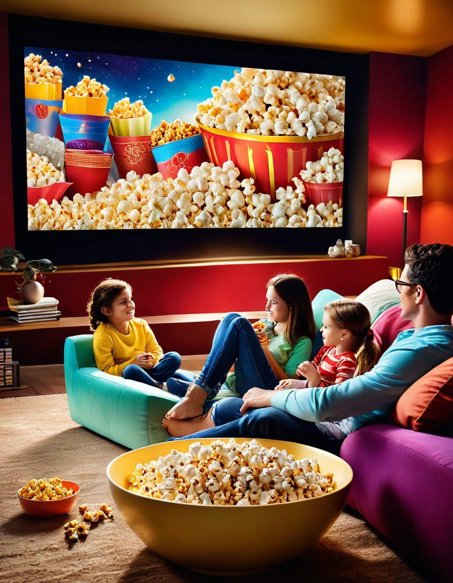 A cozy home theater scene showcasing a family enjoying a movie night with various popcorn flavors in colorful bowls. The backdrop features a large screen displaying vibrant 3D movie visuals, and golden popcorn spilling over the side, creating an inviting atmosphere. Soft warm lighting enhances the ambiance, inviting viewers into the world of cinema magic. super-realistic. vibrant colors. cozy atmosphere.