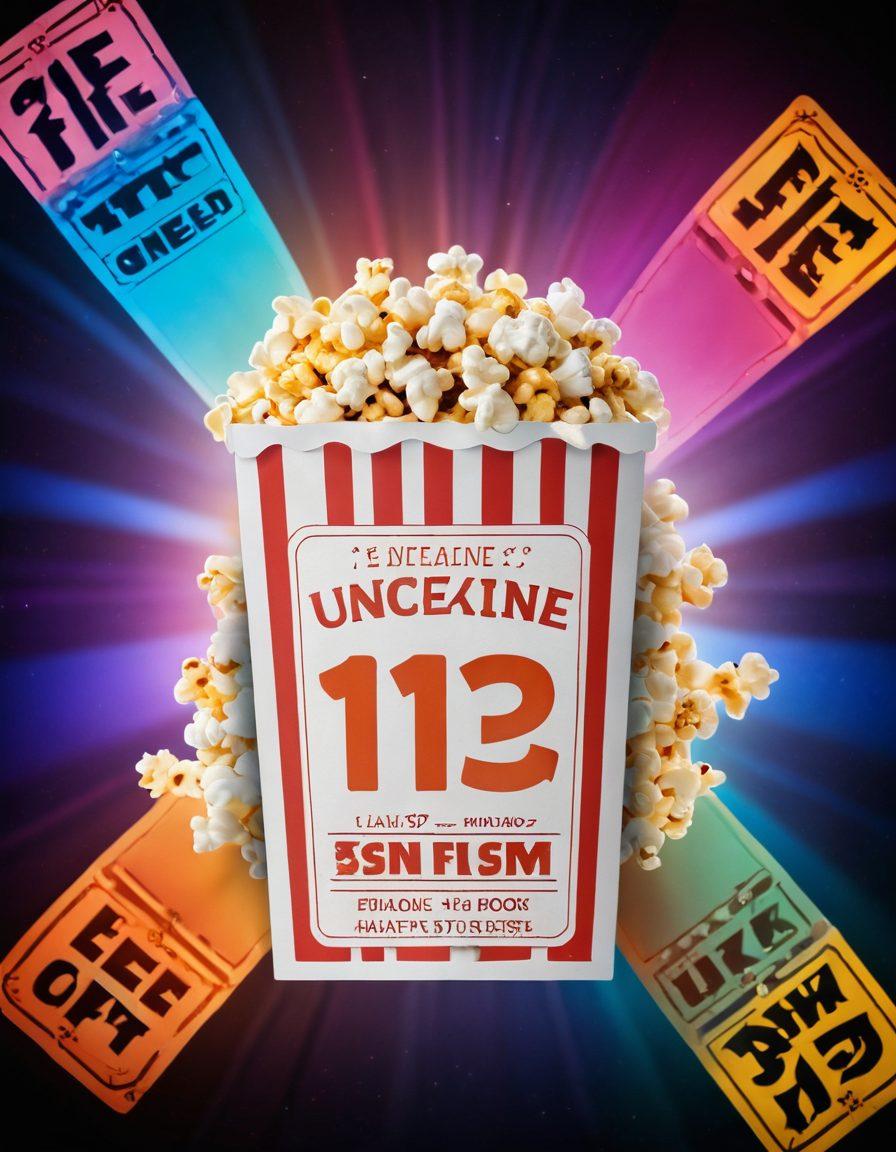 A vibrant cinema ticket with a glowing keyhole in the center, symbolizing 'unlocking' exclusive offers. Surrounding the ticket are film reels, popcorn, and a dazzling film screen showcasing popular movies. The background features colorful lights akin to a movie theater ambiance, creating an inviting and energetic vibe. super-realistic. vibrant colors. cinematic style.